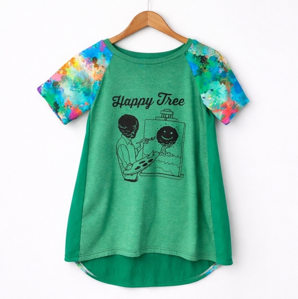 Tops - Bob Ross Happy Tree Graphic Tee Tie Dye Sleeve Top